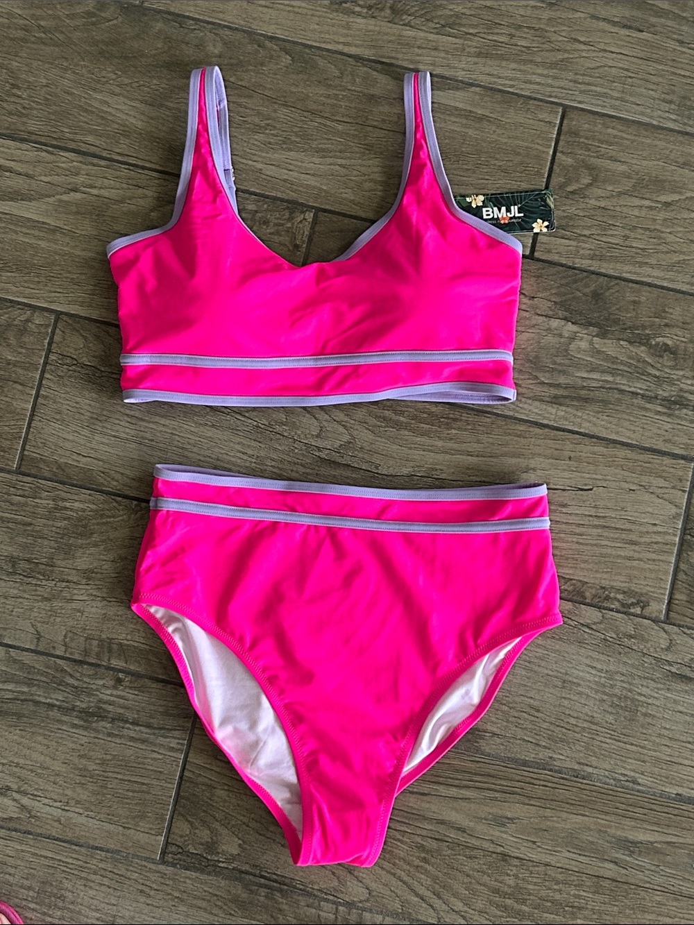 NWT..Hot Pink Two-Piece Bikini Set with Light Lilac Trim Size L